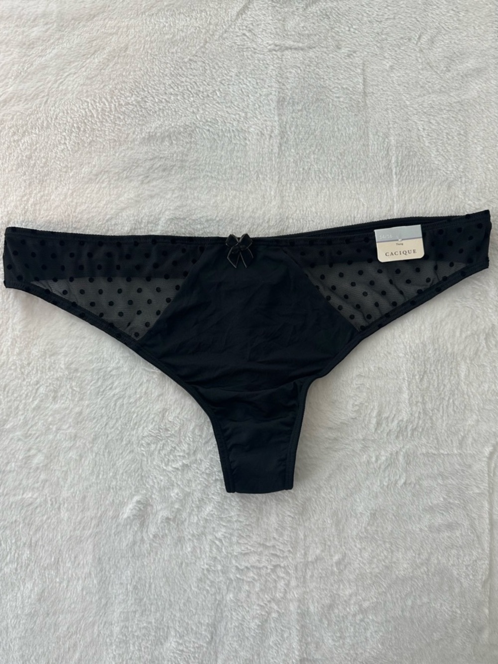 NWT Cacique Black Sheer Polka Dot Thong Panty, size 14/16